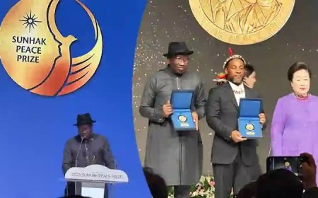 Jonathan receives Sunhak Peace Prize in Seoul, dedicates it to peace-loving Nigerians, Africans